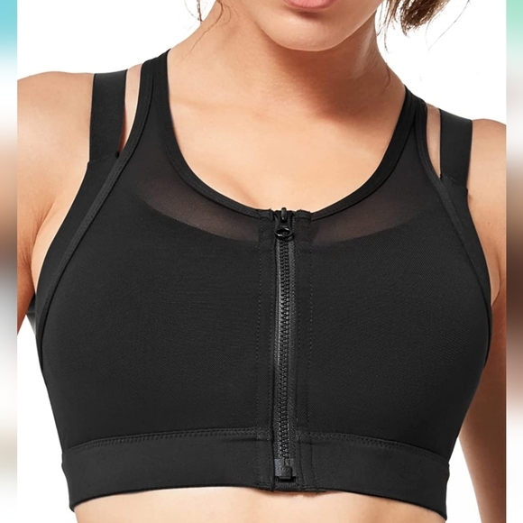 Black High Impact Women Sports Bra Front Closure Double Mesh Running Bra X-LARGE - Picture 1 of 10
